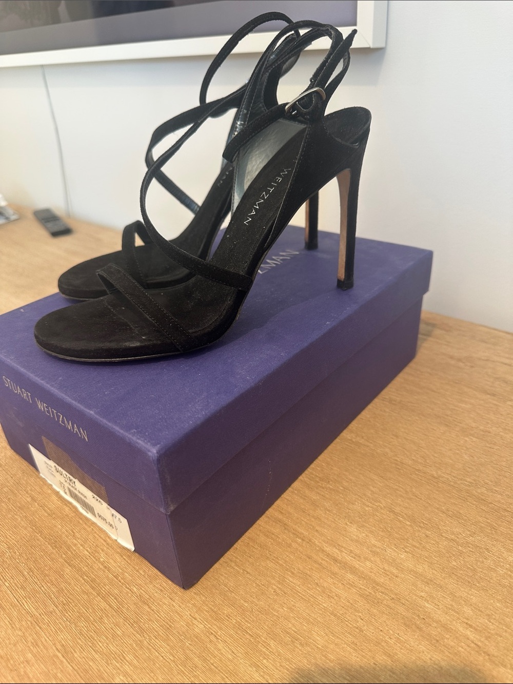 Stuart Weitzman Black Suede Multi-Strap Stiletto Sandals black suede 7.5 size - Picture 3 of 5